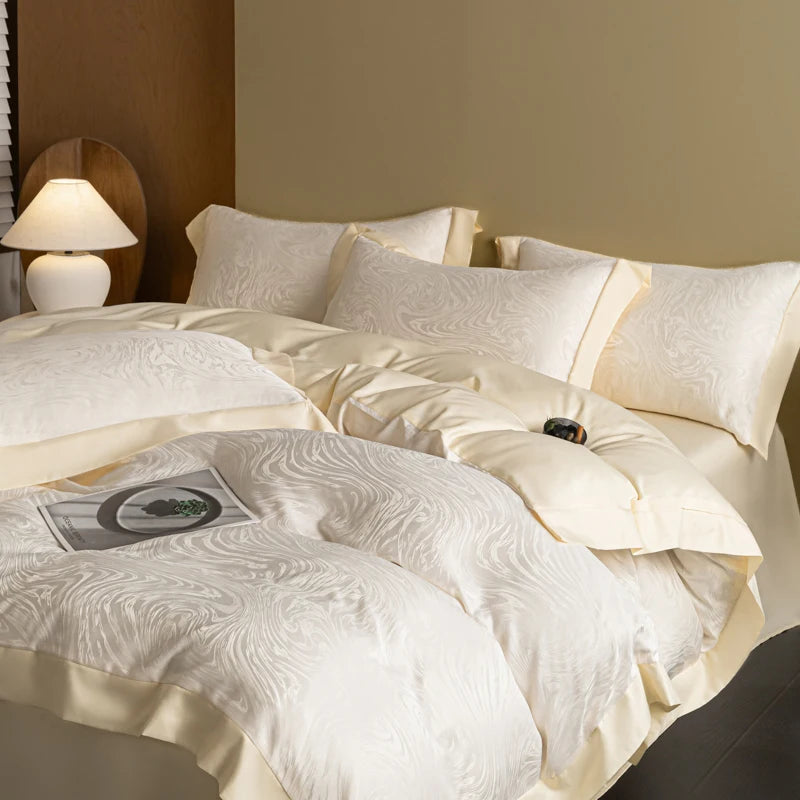European Luxury Jacquard Ice Silk Duvet Cover Set,  Fashion Bow Pattern Queen King Bedding Set Skin Friendly Comforter Cover Set