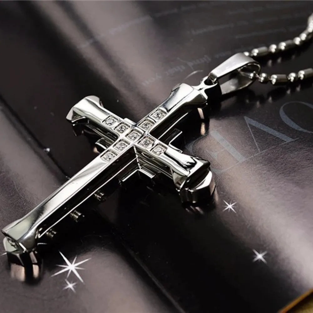 New Male Crystal Cross, Pendant in Silver/Gold/Black/Blue Color,  Zirconia Cross Pendant / Necklace. Stainless Steel Jewelry.  Black is most available.  Blue is Least available, then Silver, then gold.