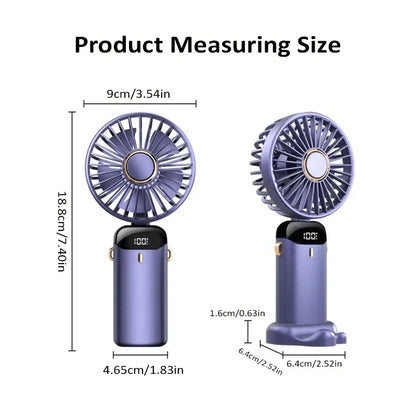 Portable Handheld Mini Fan, Foldable Neck Hanging Fans , 5 Speed USB Rechargeable Fan with Phone Stand and Display Screen, 1800mAh.  BLUE< PURPLE< WHITE Colors are Available