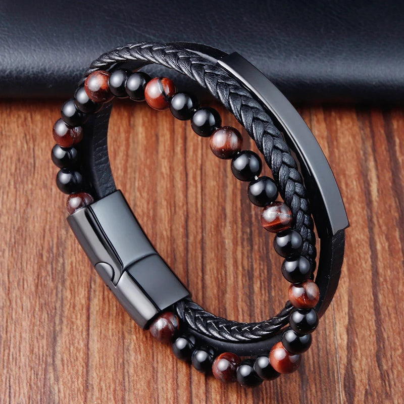 Braid Rope Bracelet For Men.   Stainless Steel, Magnetic Buckle,   Genuine Leather Bracelets & Bangles Male /Female Jewelry