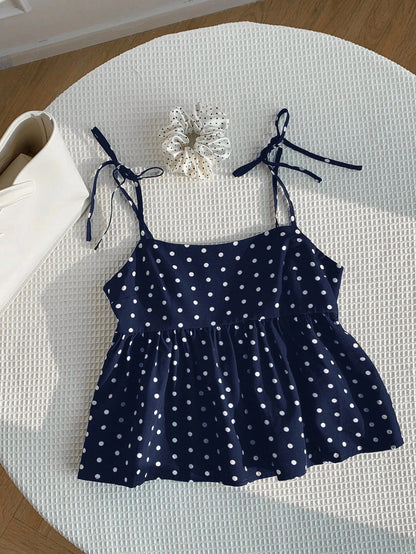 Women's Polka Dot Crop Cami With Spaghetti Straps And Flared He.  Polka Dot Camisole,  Babydoll Polkadot Top.