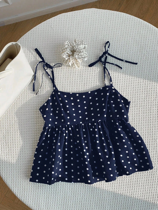 Women's Polka Dot Crop Cami With Spaghetti Straps And Flared He.  Polka Dot Camisole,  Babydoll Polkadot Top.