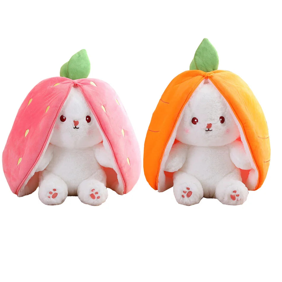 25cm Cute Strawberry /Carrot Rabbit Plush Stuffed Toy.  Creative Into Fruit Transform Baby Cuddly Bunny Doll for Kid Birthday/Easter Gift.