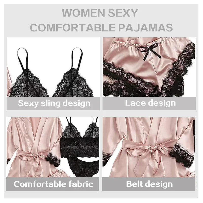 4 Pieces of Womens Sleepwear. Pajamas Set With Robe Sexy Lace Lingerie including 3 more Silk Satin Home  Nightwear.  HAPPY MOTHERS DAY!!!