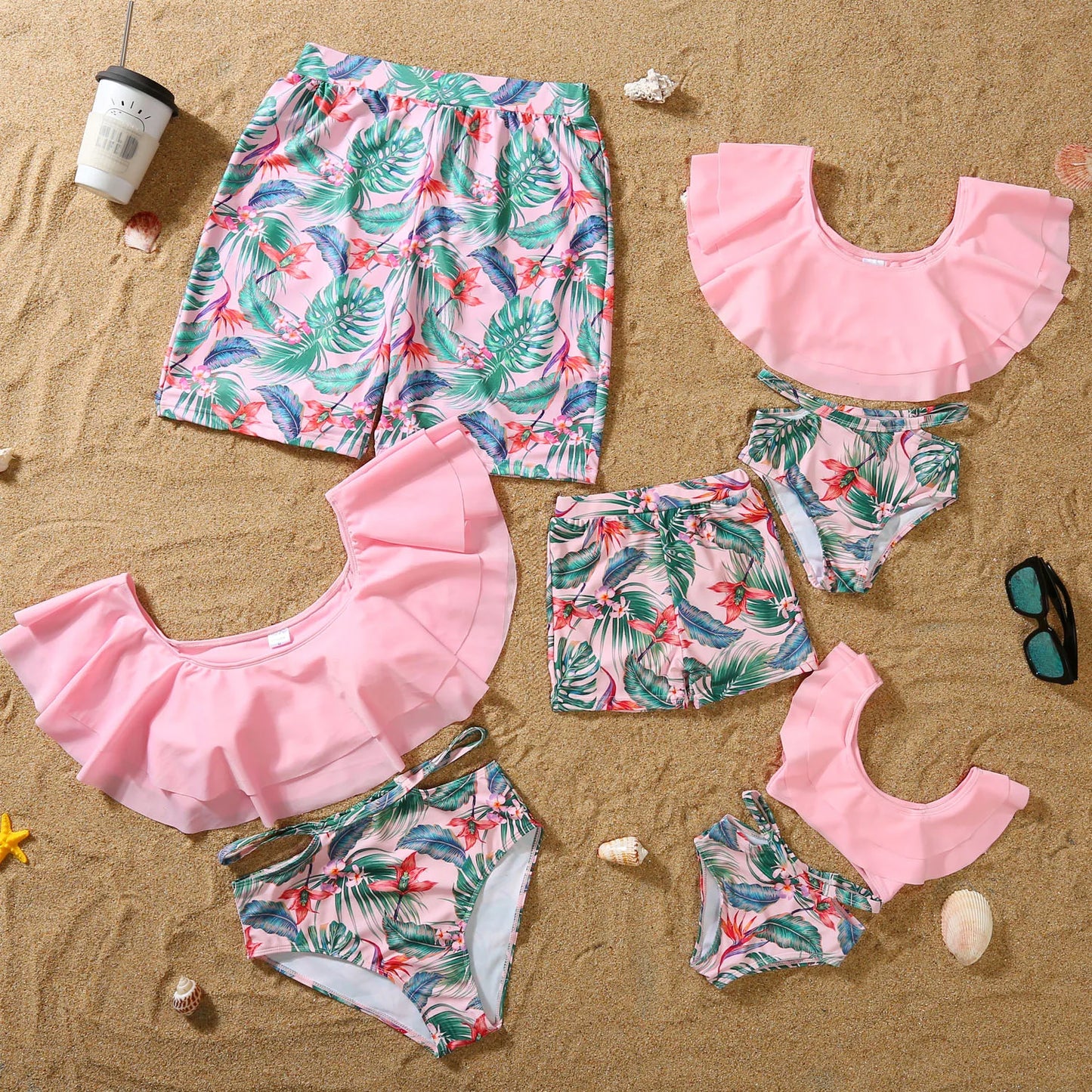 Summer Mommy and Daddy /Son/ Daughter Clothes, Family Matching Outfits Leaf Printing Swimwear