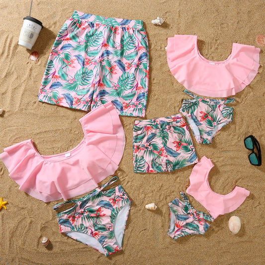 Summer Mommy and Daddy /Son/ Daughter Clothes, Family Matching Outfits Leaf Printing Swimwear