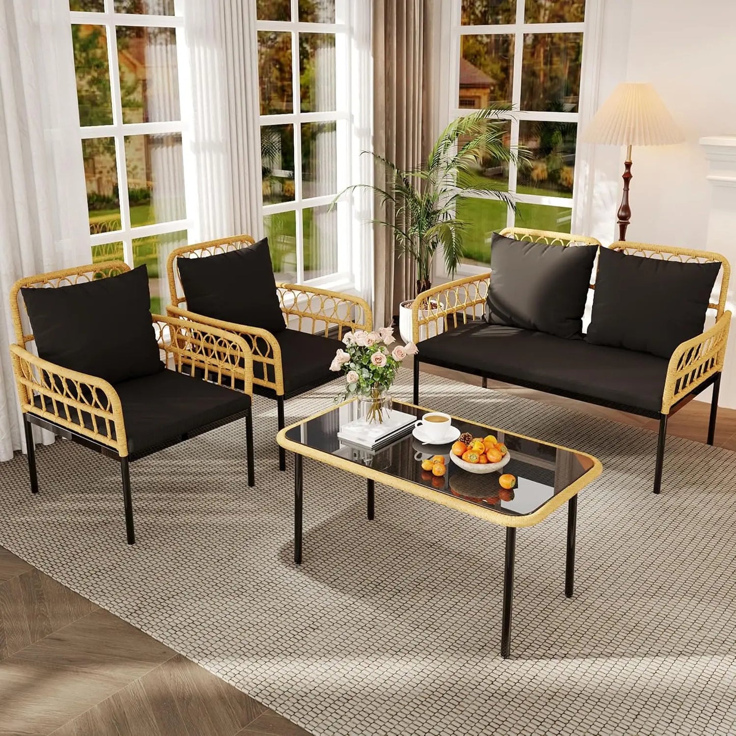 4 Piece Patio Furniture Set of  Wicker for  Outdoor Patio Table and Chairs Set with Glass Side Table, Loveseat Chairs, Boho Rattan