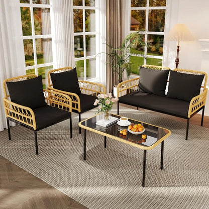 4 Piece Patio Furniture Set of  Wicker for  Outdoor Patio Table and Chairs Set with Glass Side Table, Loveseat Chairs, Boho Rattan