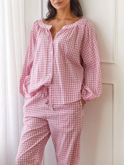 Women s Checked Pajama Set with Long Lantern Sleeves and Elastic Waistband - Button Down Top and Lounge Pants for Fall