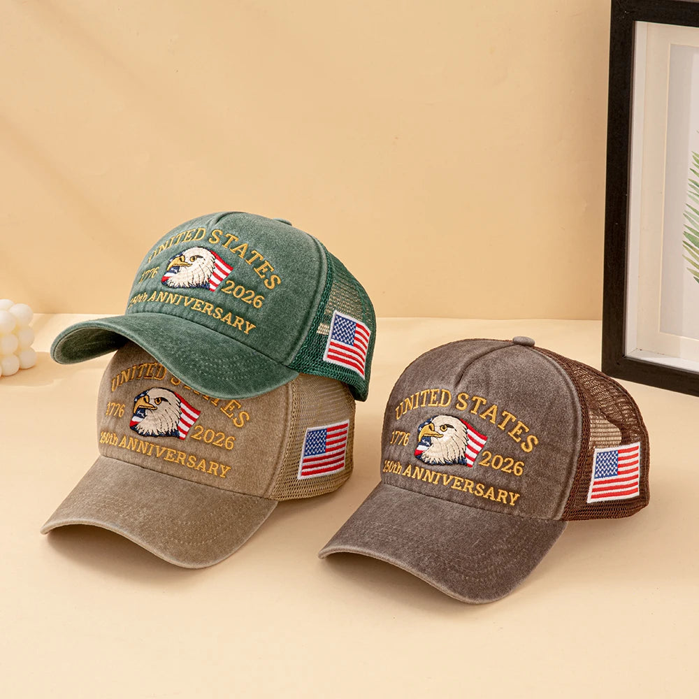 United States 250th Anniversary,  1776-2026 Bald Eagle Embroidered,  Washed Mesh,  American Flag , Adjustable Baseball Cap