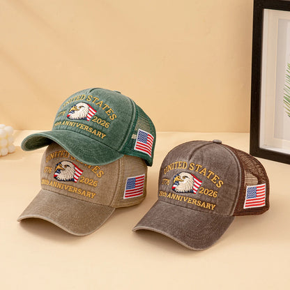 United States 250th Anniversary,  1776-2026 Bald Eagle Embroidered,  Washed Mesh,  American Flag , Adjustable Baseball Cap