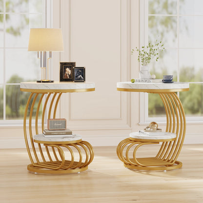 Gold Round End Table: 2 Tiers Faux Marble Side Table with Storage Shelf, Modern White Gold Bedside Nightstand, Living Room