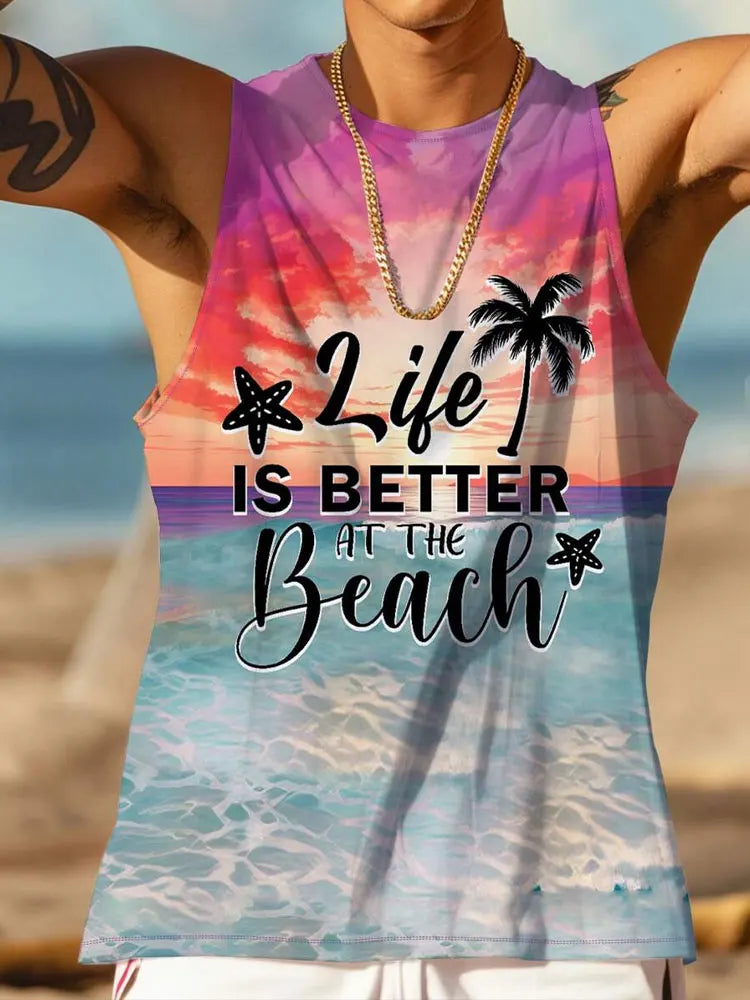 Summer Casual Men's Sleeveless T-shirts,One color bleeding into the next (in a gradient manner)and also VACATION Pictures/Island scenes and  Hawaiian  Land-scapes. Fashion O-Neck,  Tank Top for  Outdoor Beach or just loungin