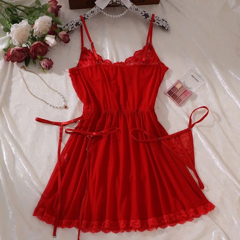 Sexy Bra And Garter Belt Lingerie  in Hot Red.   Babydoll Dress  for Women.  Exquisite 3-Piece Set Nightwear Set