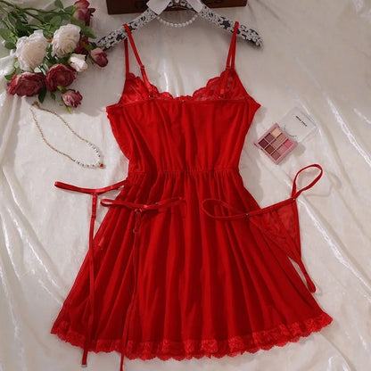 Sexy Bra And Garter Belt Lingerie  in Hot Red.   Babydoll Dress  for Women.  Exquisite 3-Piece Set Nightwear Set
