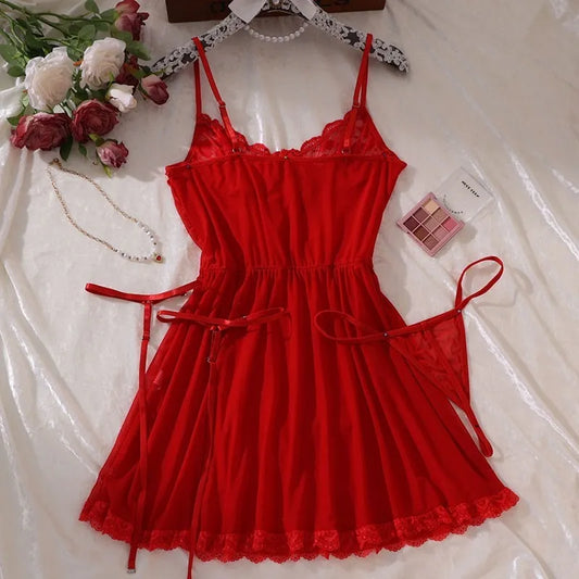 Sexy Bra And Garter Belt Lingerie  in Hot Red.   Babydoll Dress  for Women.  Exquisite 3-Piece Set Nightwear Set