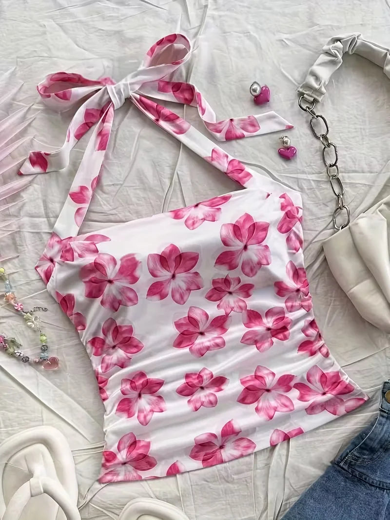 Women's summer short top, pink floral,  camisole vest, suitable for vacation style.