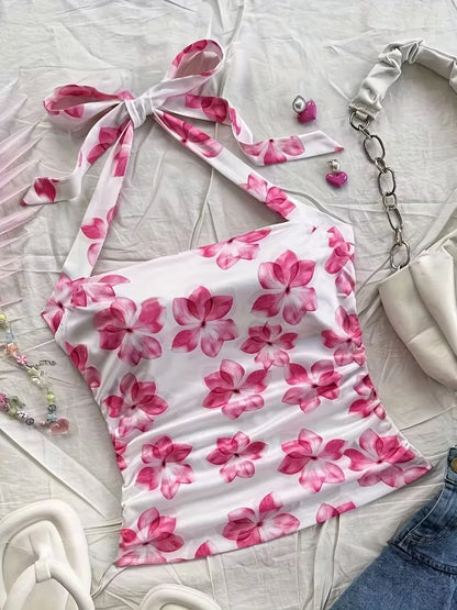 Women's summer short top, pink floral,  camisole vest, suitable for vacation style.