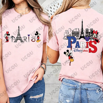 2026 Summer Mickey & Minnie Love Paris Print Mom and Dad Children Cotton T-shirt Short Sleeve Parent-Child Tees Casual Tops.  GREAT FATHERS DAY Gift   whether your taking that trip to Paris, or just wishing.