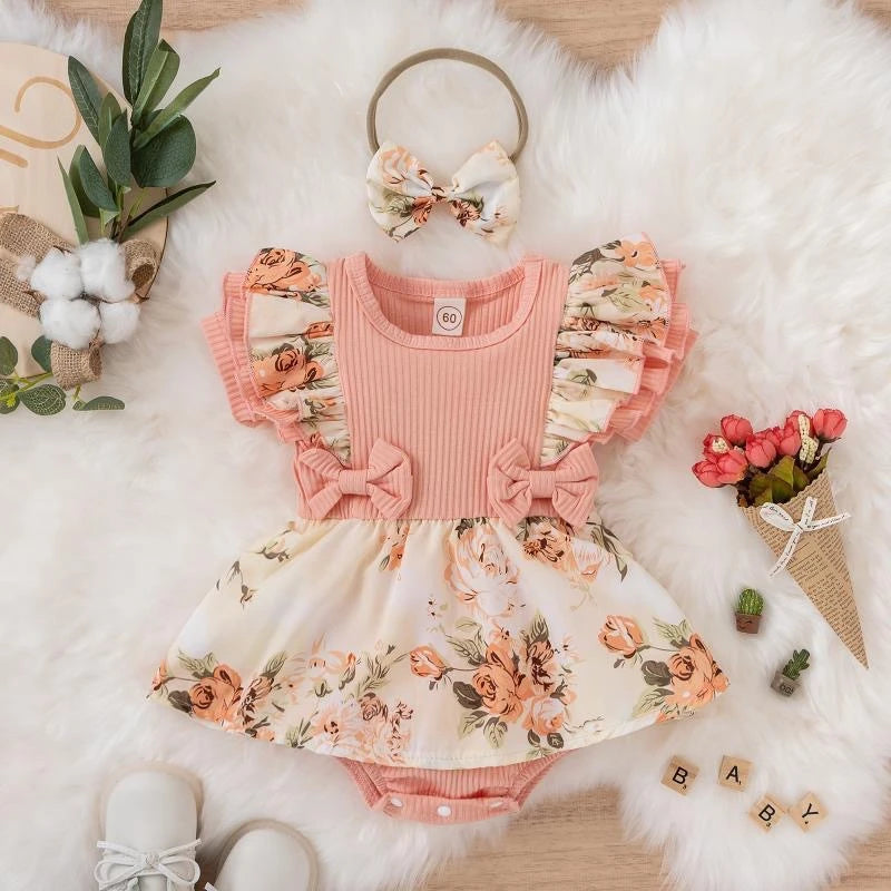 Summer Baby Girl Dress With Bowknot. Striped Jumpsuit, Cotton Dress For Newborn, Floral Clothes for Baby, Crawling Clothes