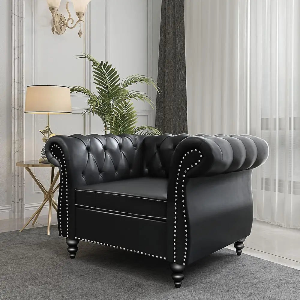 Leather Chesterfield Sofa Set with Scroll Arms and Black Ottoman for Living Room