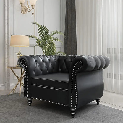Leather Chesterfield Sofa Set with Scroll Arms and Black Ottoman for Living Room