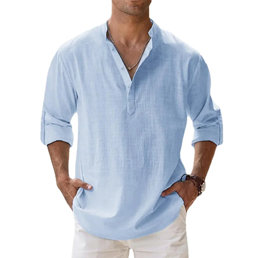 Cotton Linen Hot Sale Men's Short-Sleeved Shirts.  Summer Solid Colors Henley Collar Casual Beach Style Hawaiian Vacation