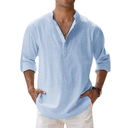 Cotton Linen Hot Sale Men's Short-Sleeved Shirts.  Summer Solid Colors Henley Collar Casual Beach Style Hawaiian Vacation