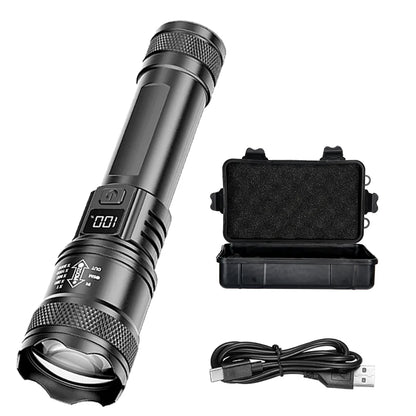 Rechargeable LED Flashlight Zoomable Torch with LCD Display, 3 Modes Waterproof High Power Hand Light, Outdoor Wilderness Camping