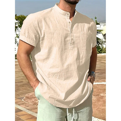 Summer Hot Sale  on Men's Cotton Linen T-shirt,  Henley Neck,   Casual,  Breathable,  Lightweight Solid Color,  Pocket Button Tops