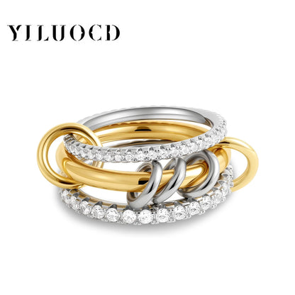 New Stainless Steel Cubic Zirconia Stackable Rings for Women  with 18k Gold- and ,Plating Multi-Link Connected Statement Ring,  Stacked Jewelry