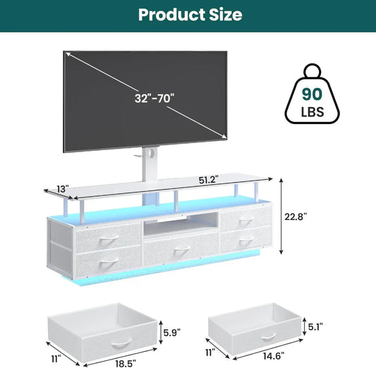 51.2" LED TV Stand with Mount for 45-70 Inch TVs, Power Outlets, Storage & Smart Lights