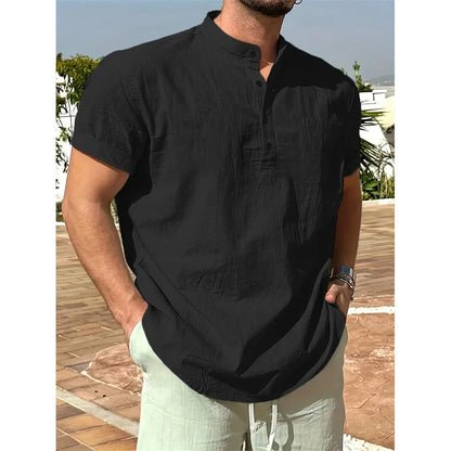 Summer Hot Sale  on Men's Cotton Linen T-shirt,  Henley Neck,   Casual,  Breathable,  Lightweight Solid Color,  Pocket Button Tops