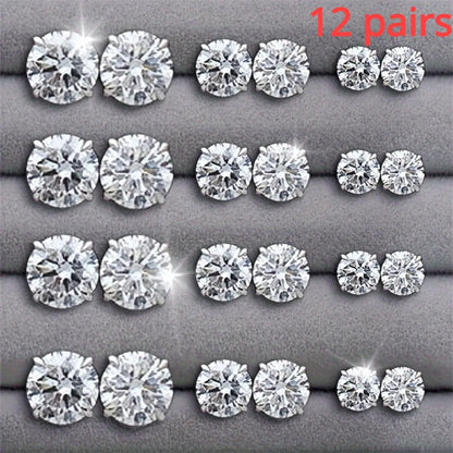 12 Pairs OF  Stainless Steel Stud Earrings with Gemstone Buds Round, SQUARE, SHAPE CHOICES. Unisex Fashion Jewelry Gifts