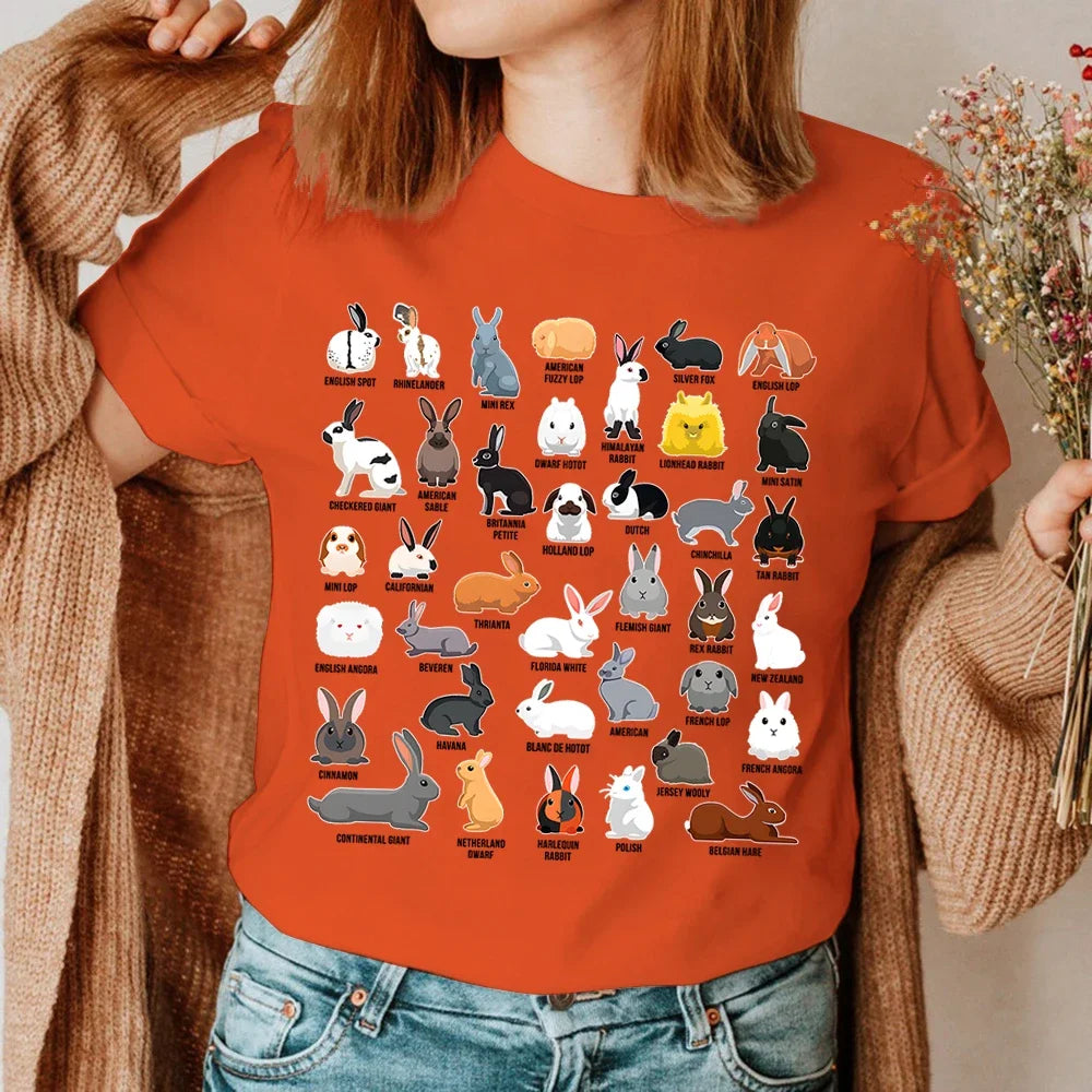 Bunny Summer Women's T-shirt,  Types of Rabbits , Print Tops,  Short-sleeved Casual Ladies Tees, O-neck