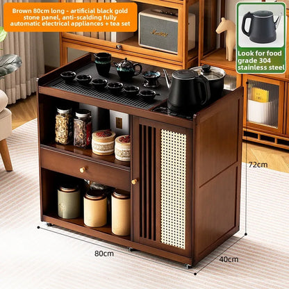 Small, Mobile tea table, Kettle integrated tea cabinet with Solid wood coffee table.  Tea cart Brewing tea table