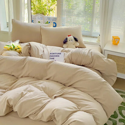 Solid Bed Linen Cotton Bedding Set 4pcs with Sheet Duvet Cover,  Pillowcases, Single/  Couple Bedsheet Single / Couple Twin Size