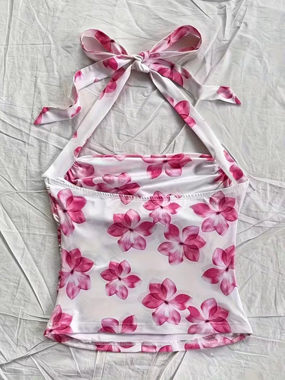 Women's summer short top, pink floral,  camisole vest, suitable for vacation style.