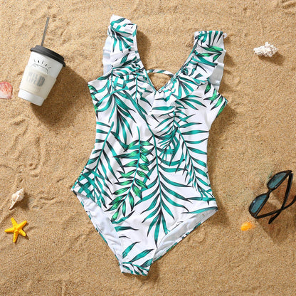 Matching Outfits for family,  Leaf Printed Swimsuit, Floral Full Print Multi-color One-piece Matching Swimwear