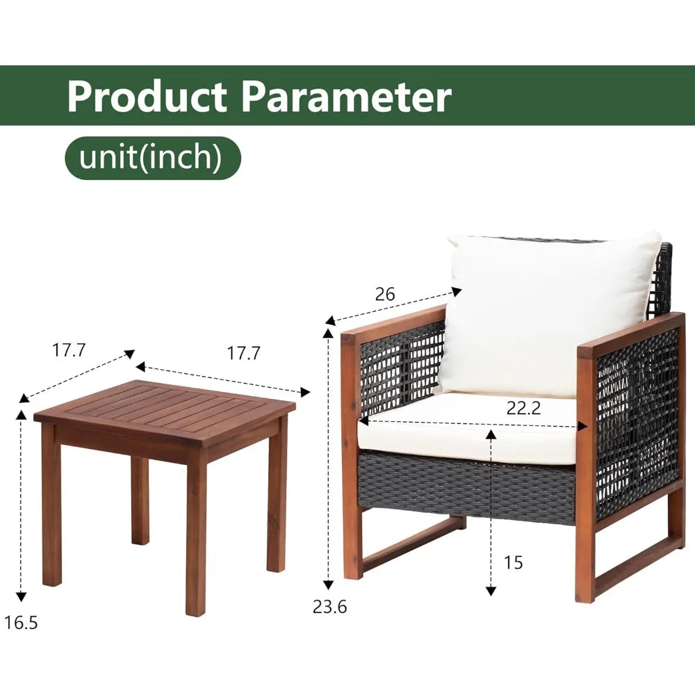 Outdoor Patio Furniture Set, Modern Rattan Bistro Conversation Set with Acacia Wood Frame, Coffee Table, Water-Resistant Cushions
