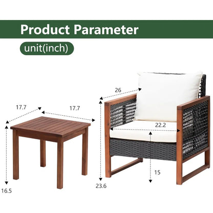 Outdoor Patio Furniture Set, Modern Rattan Bistro Conversation Set with Acacia Wood Frame, Coffee Table, Water-Resistant Cushions