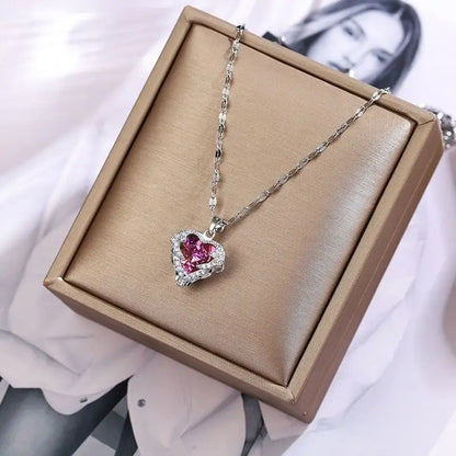 Top Luxury Colorful Crystal Ocean Heart Pendant Necklace For Women Stainless Steel Jewelry The Perfect MOTHERS DAT Gift