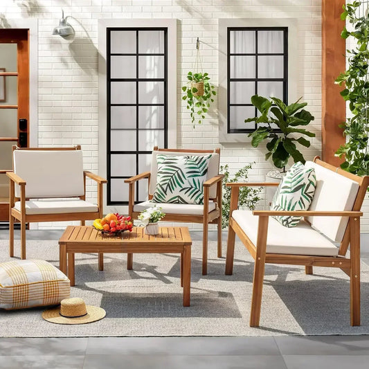Patio Furniture,  4 Piece Outdoor Acacia Wood Patio Conversation Sofa Set with Table & Cushions,  Porch Furniture for Deck