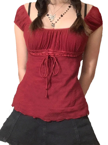Sweet Lace Tops  for Women/Girls, Off-Shoulder,  Drawstring T-shirt.