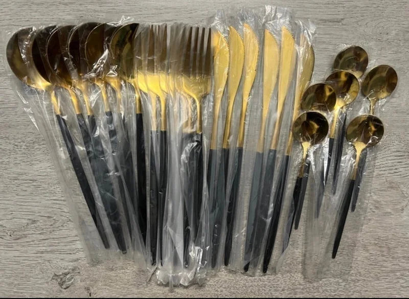 24 Piece Black and Gold Stainless Steel Silverware Set.  Perfect with the Beautiful BLACK CERAMIC Dinnerware.