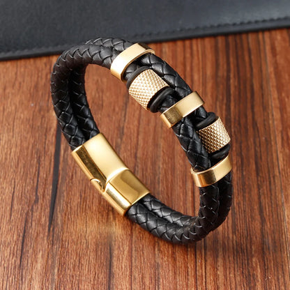 Braid Rope Bracelet For Men.   Stainless Steel, Magnetic Buckle,   Genuine Leather Bracelets & Bangles Male /Female Jewelry