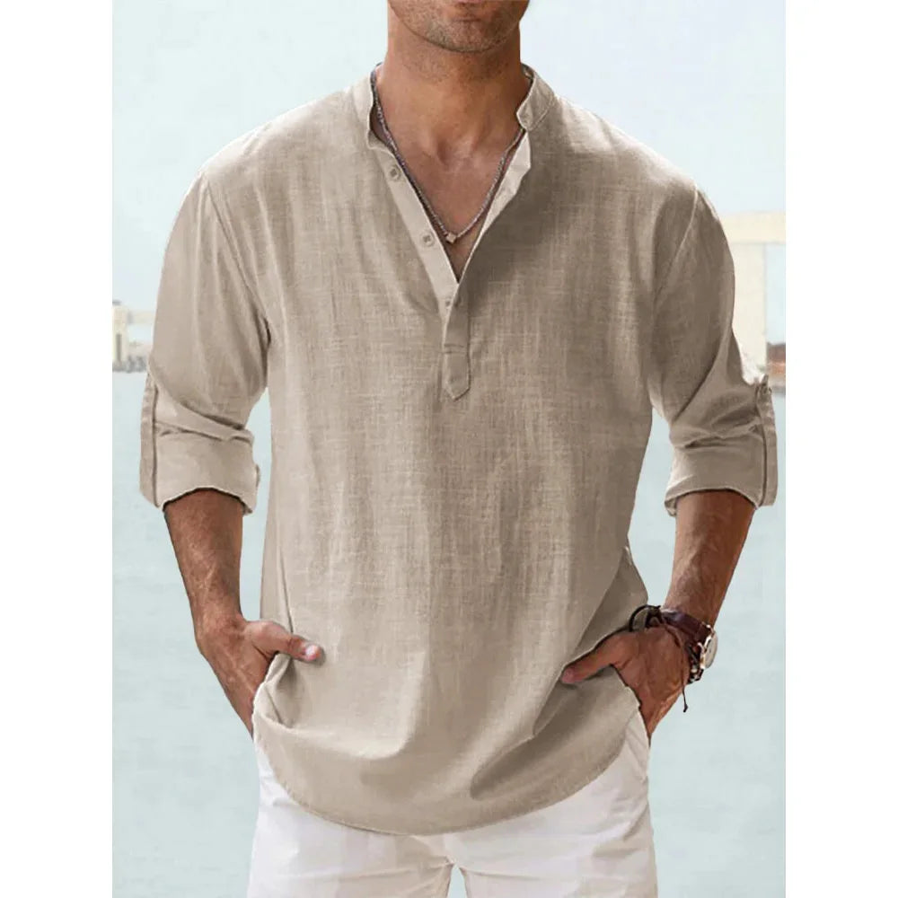 Cotton Linen Hot Sale Men's Short-Sleeved Shirts.  Summer Solid Colors Henley Collar Casual Beach Style Hawaiian Vacation