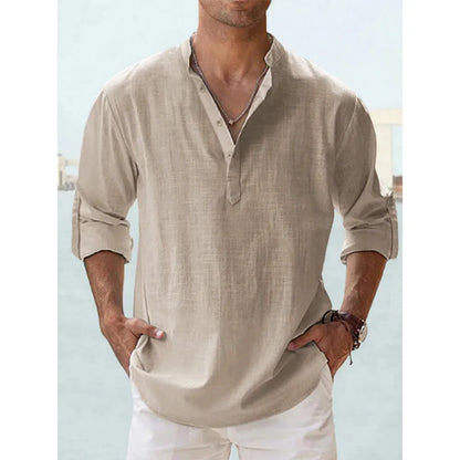 Cotton Linen Hot Sale Men's Short-Sleeved Shirts.  Summer Solid Colors Henley Collar Casual Beach Style Hawaiian Vacation