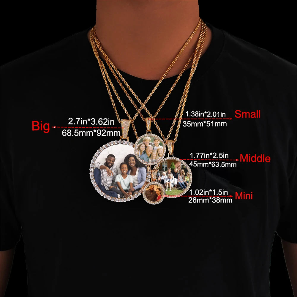 Hip Hop Jewelry Bling CZ Memorial Picture Frames Necklace Personalization Photo Custom 26/35/45/68.5MM Circle Medallions Pendant