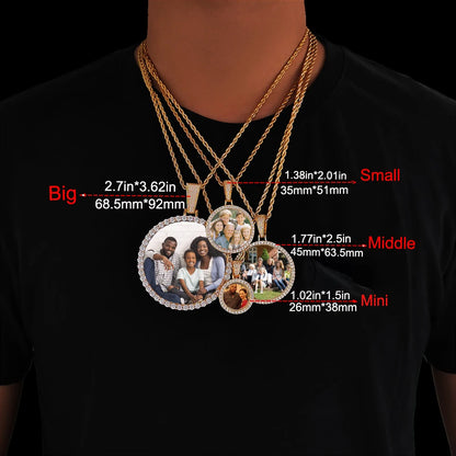 Hip Hop Jewelry Bling CZ Memorial Picture Frames Necklace Personalization Photo Custom 26/35/45/68.5MM Circle Medallions Pendant